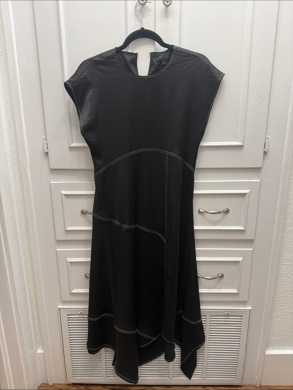 AllSaints Black Asymmetrical Cap-Sleeve Dress with Contrast Stitching